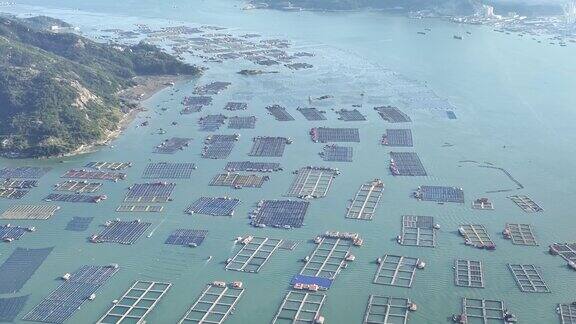 4K航拍高空俯瞰鱼排 海洋养殖网格之美