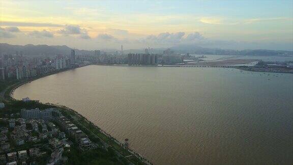 日落珠海市景海湾市中心航拍全景4k中国