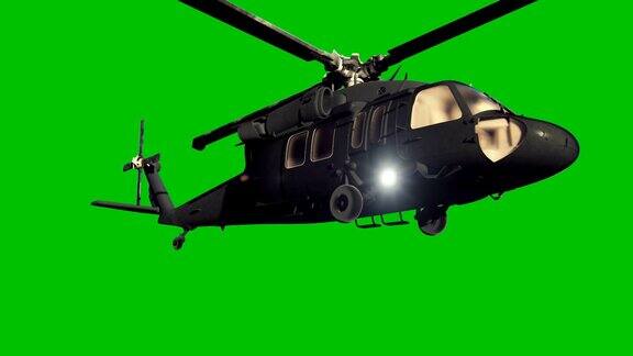 军用直升机黑鹰在绿色屏幕背景上飞行电影3d动画