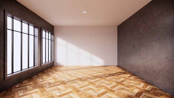 室内阁楼风格木地板上的混凝土墙面设计三维渲染