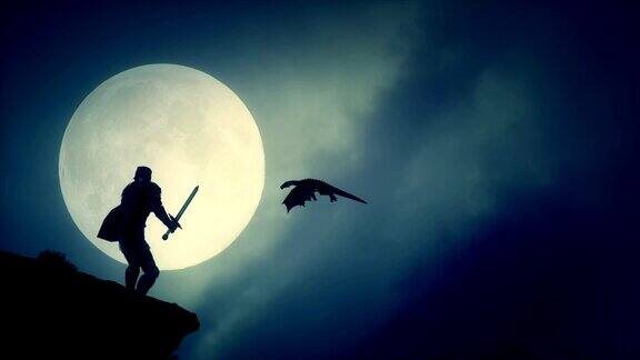 在中世纪幻想中屠龙骑士看着天空中飞翔的龙
