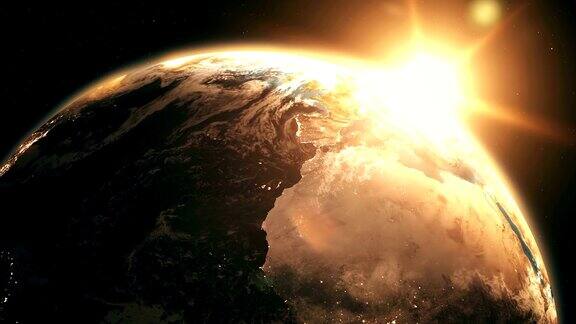 高度详细的现实史诗日出行星地球3D动画