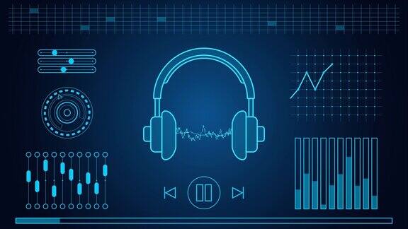 4k动画HUD霓虹灯设计中的耳机图标音频小玩意喷溅效果声音面板与音乐均衡器播放器设置图形在运动耳机之间的声波