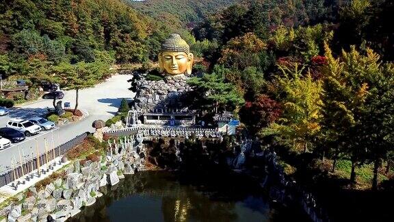 鸟瞰韩国永仁瓦宇寺秋季佛像