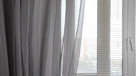 灰色窗帘挂在窗户上百叶窗被风轻轻吹动