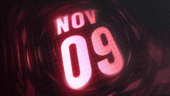 11月9日3d动态图形红外线日历在未来和科技发光霓虹灯拍摄纪念在led等4k循环