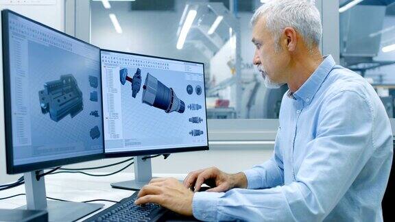 高级工业工程师工作的个人电脑上有两个显示他正在设计新的高效的发动机CAD程序办公窗口外组件制造工业工厂是可见的