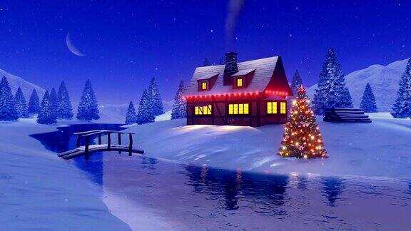 在雪夜结冰的河边为圣诞节装饰的乡村小屋
