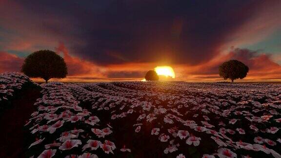 田野里的芙蓉白花在夕阳的时分合拢了