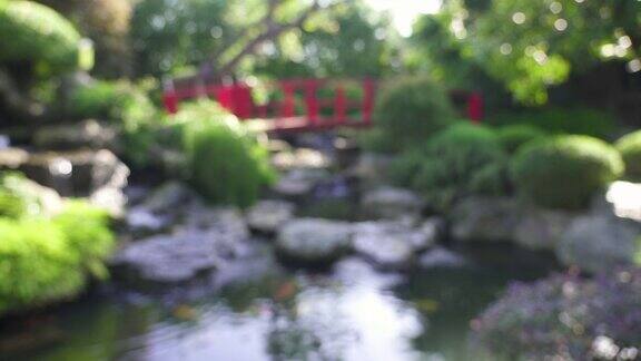 日本花园中有小池塘和红桥的瀑布景观