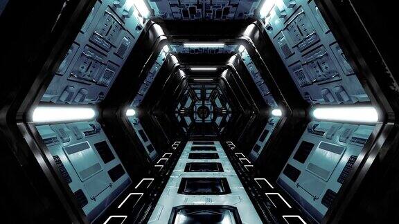 4k无缝环飞进入飞船隧道科幻飞船走廊未来技术抽象无缝VJ技术标题和背景