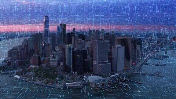 曼哈顿金融区的未来主义鸟瞰图电路板物联网智慧城市技术网络概念纽约美国从直升机上拍摄的