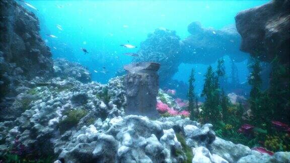 海底有覆盖着海藻和珊瑚的古老城市或寺庙的遗迹