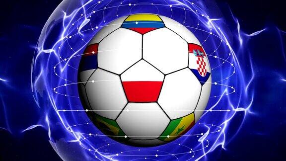 足球和世界旗帜在蓝色抽象粒子环动画背景循环
