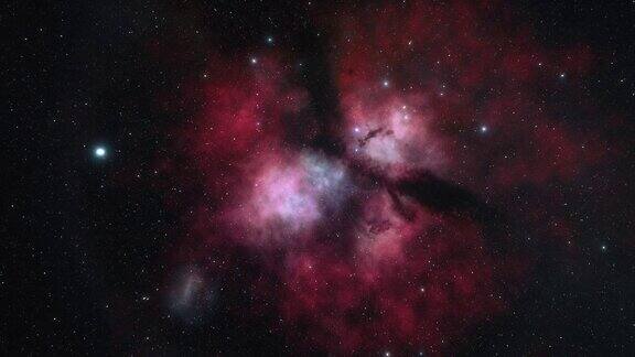 宇宙飞船在太空中接近红色星云银河系中有数十亿颗恒星美丽的星团