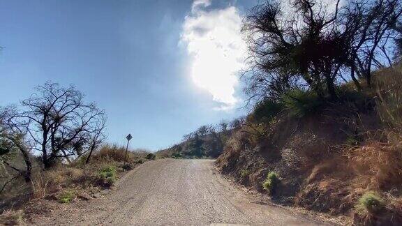 在马里布峡谷狭窄的道路上开车可见火灾后烧毁的灌木丛和树木美国加州马里布温暖阳光的一天