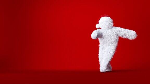 白色滑稽雪人在圣诞帽跳舞循环动画毛茸茸的大脚卡通人物毛茸茸的怪物孤立在红色的背景3d渲染节日吉祥物