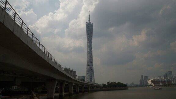 阳光明媚的一天广州城著名的塔河湾全景4k中国