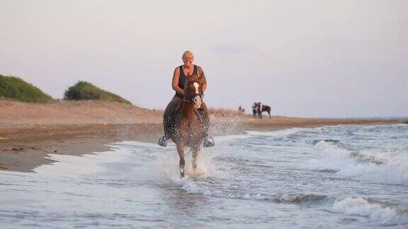慢动作女人骑着棕色的马在沙滩上奔跑