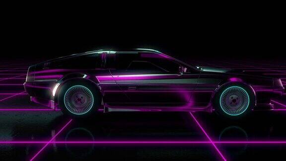 复古未来80年代风格的科幻汽车背景无缝循环3D视频动画