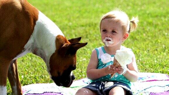 蹒跚学步的孩子和小狗分享冰淇淋