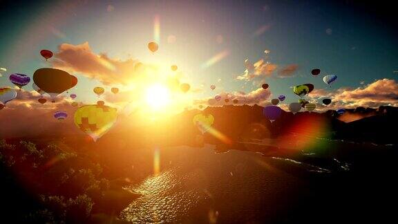 气球飞过群山环绕的湖面美丽的夕阳倾斜
