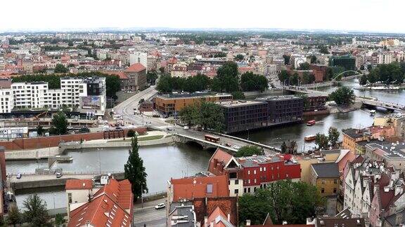 鸟瞰图:波兰弗罗茨瓦夫市的许多桥梁