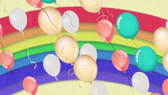 彩色气球在彩虹背景上飞行的动画