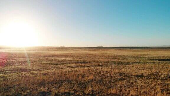 上升卡车向前的无人机在日落日出时在犹他州的一个有刺铁丝网围栏后面的沙漠平原