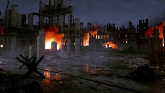 雨夜被炸毁的欧洲城市建筑废墟燃烧