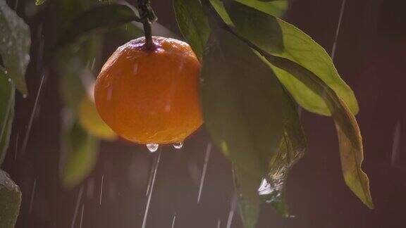 柑橘类水果在耀眼的阳光和雨滴下