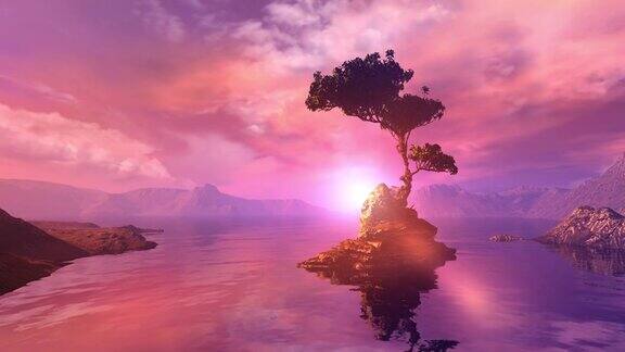 美丽的紫色日落在山上的湖