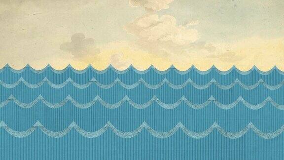多风的纸板海浪在一个彩绘多云的天空背景