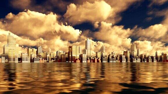 抽象的城市摩天大楼在日落时倒映在水中