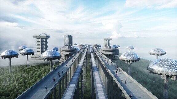未来主义的火车站有单轨铁路和火车拥挤的人群具体的架构未来现实的4k的动画