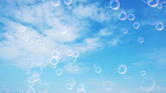 泡沫漂浮在蓝天与云的背景