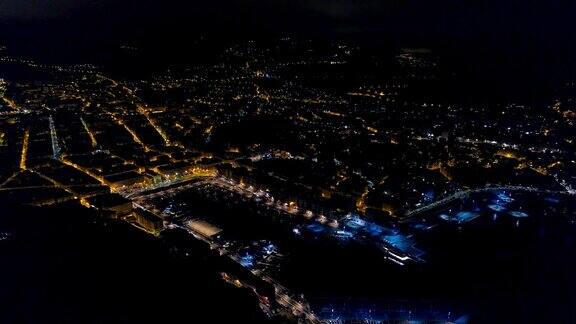 4K航拍夜尼斯法国步道地中海和机场视图法国城市夜景夜市鸟瞰图