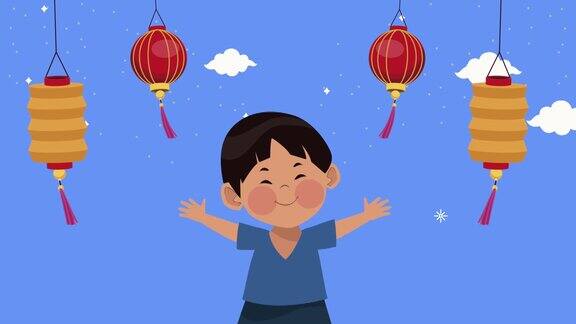 快乐的中秋节动画与亚洲男孩