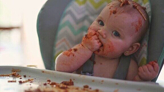 小婴儿在吃她的晚餐弄得一团糟