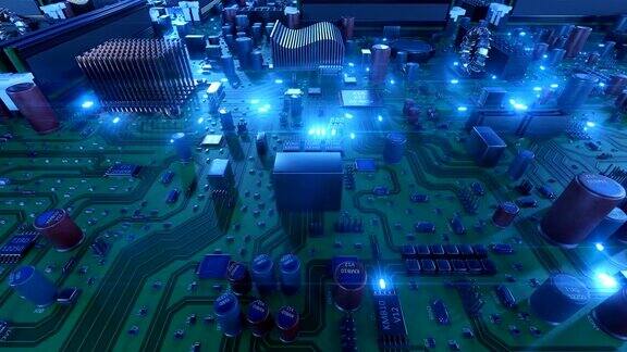 在蓝色信号的电路板上飞行循环3d动画的主板与耀斑技术与数字概念