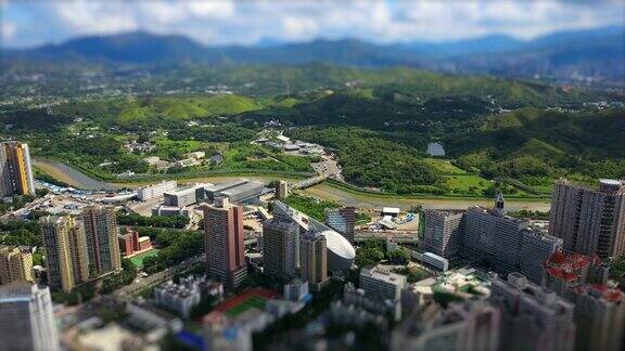 深圳城市景观晴天香港边境航拍全景4k倾斜转移中国