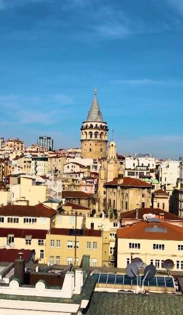垂直加拉塔鸟瞰图垂直伊斯坦布尔鸟瞰图历史塔历史城市背景视频