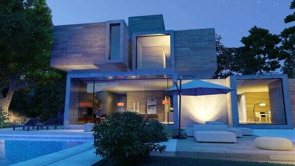 一个现代的立方体房子游泳池和花园在晚上的动画