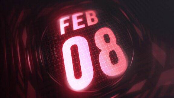 2月8日3d动画版红外线日历在未来和科技发光霓虹灯拍摄纪念在led等4k循环