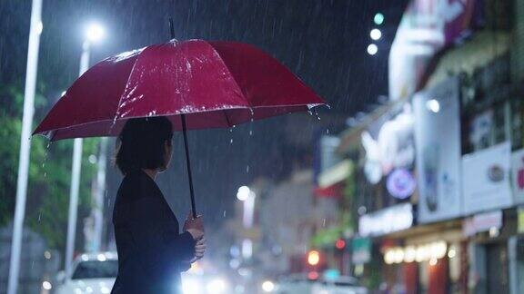 在雨中一位亚洲妇女撑着一把伞