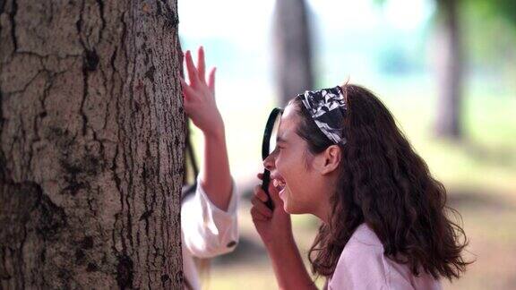两个美丽的年轻女孩和朋友们透过放大镜看植物上的昆虫和在公园里玩耍阳光明媚的秋日在公园里说说笑笑
