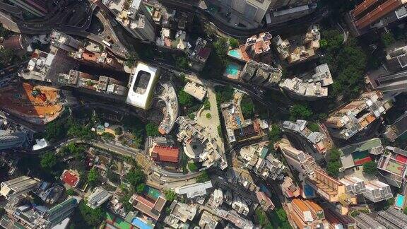 阳光明媚的香港市区交通街道高空高空俯视图4k