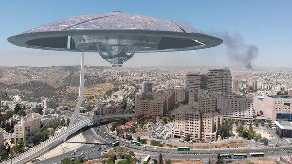 大城市上空的外星飞碟3d插图