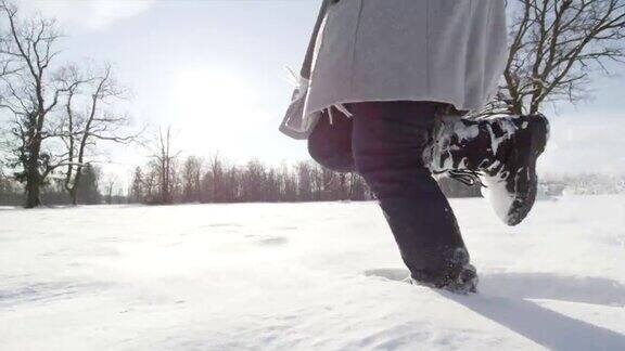 慢镜头特写:在雪地里奔跑
