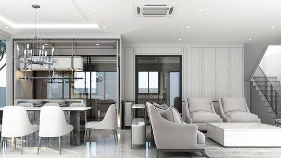 室内设计现代古典风格的客厅和餐厅区黑色大理石和黑色钢纹理和灰色家具内置3d渲染室内全景
